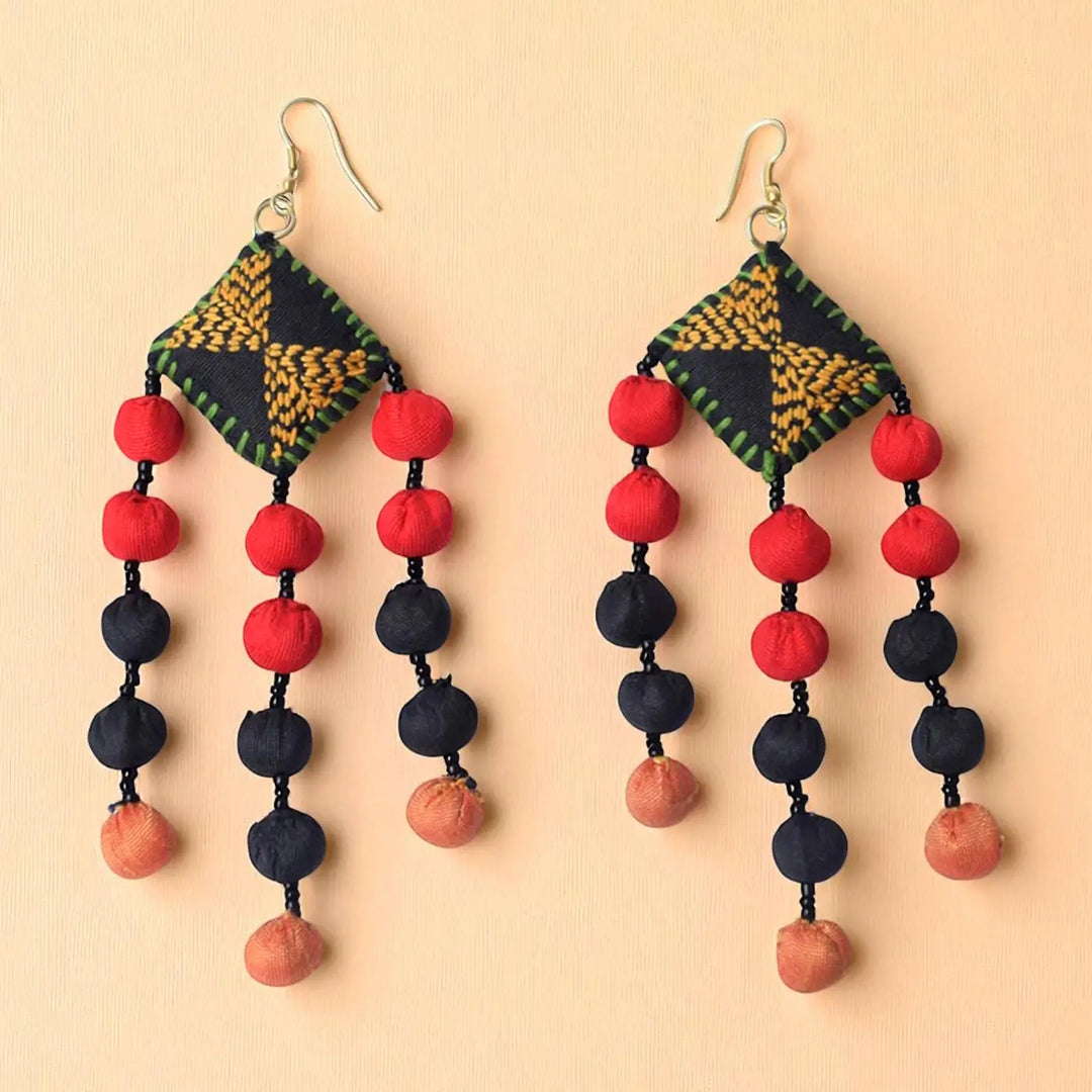 Handmade Textile Art Round Tassels Dupion Silk Fabric Earrings