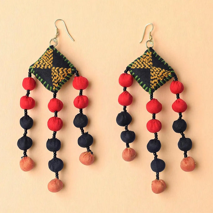 Handmade Textile Art Round Tassels Dupion Silk Fabric Earrings