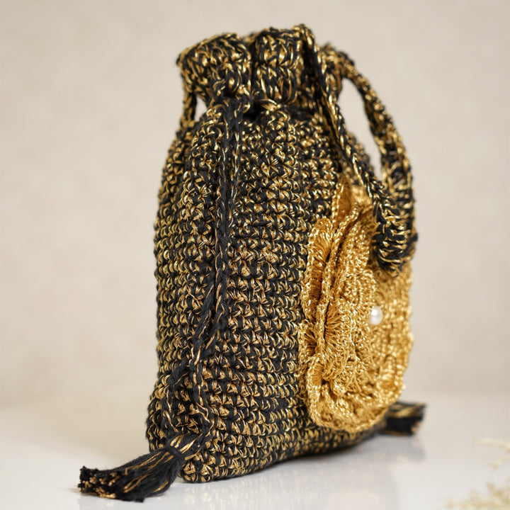 Handmade Crochet Black & Golden Midnight Bloom Potli