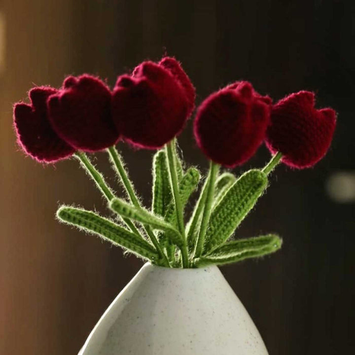 6 Pc | Handmade Crochet Tulip Flowers Design Acrylic Yarn Flower Bouquet