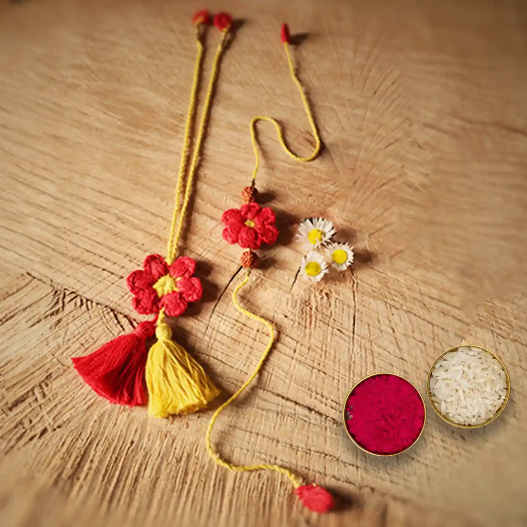 Handmade Crochet Red Flower Bhaiya Bhabhi Rakhi With Roli Chawal Set Of 2 - Necklace with Traditional Pooja Containers