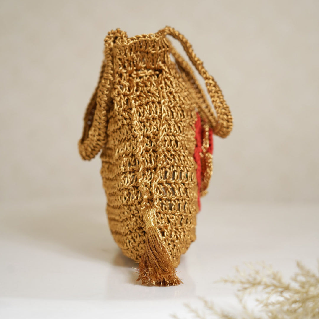 Handmade Crochet Floral Golden Potli