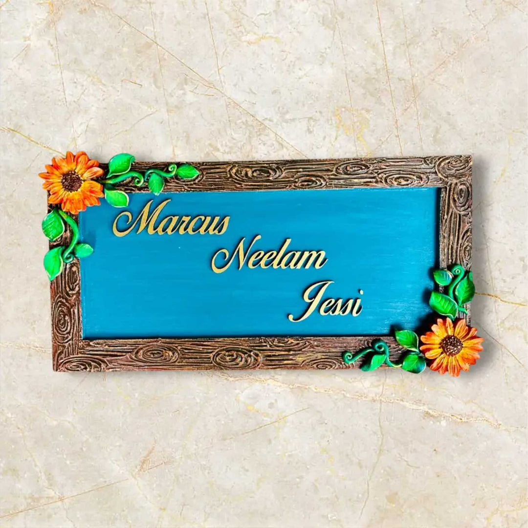 "Blossom on Wood" Personalized Blue Wooden Name Plate With Flower Motif For Home