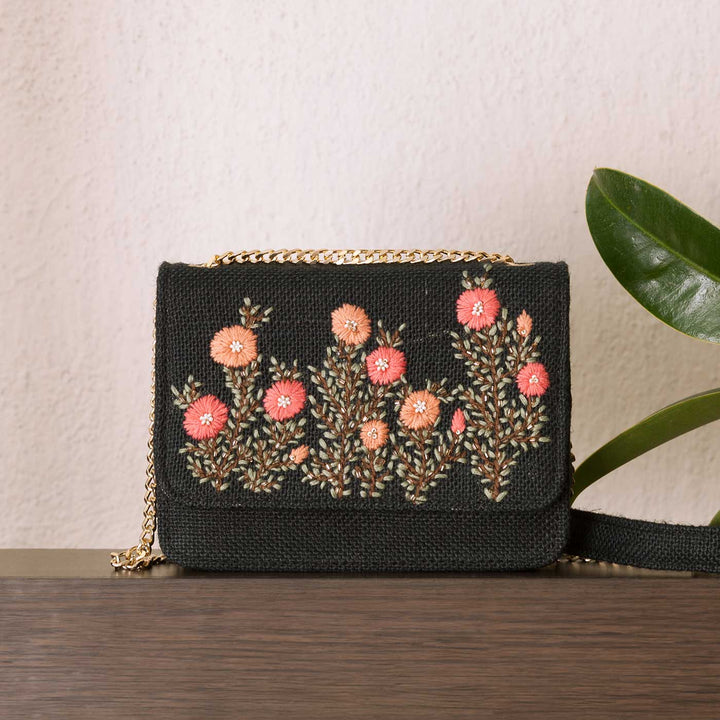 Personalized Embroidered Pink Buttercups Black Flap Bag
