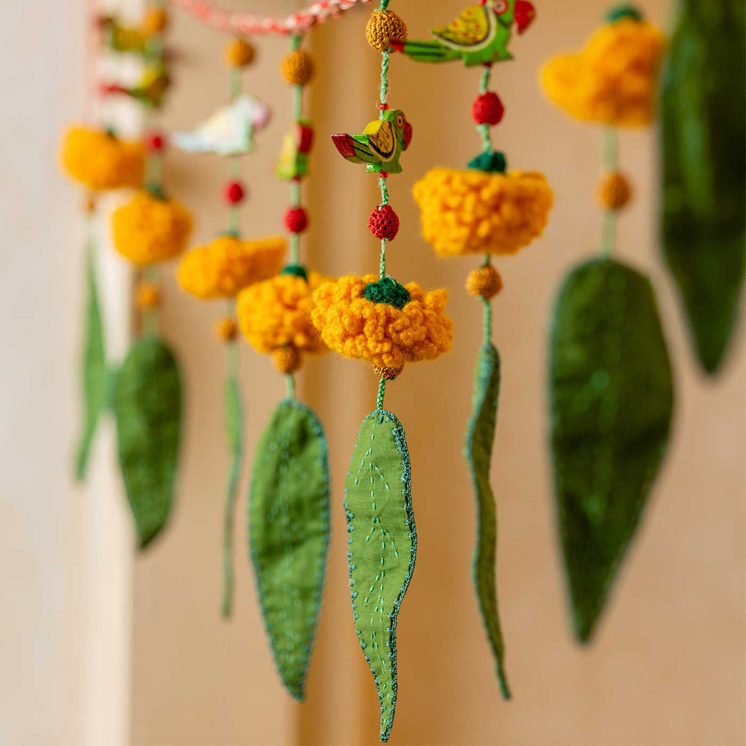 49 Inch | Intricate Realistic Crochet Ashok Patta Marigold And Parrot Cotton Toran