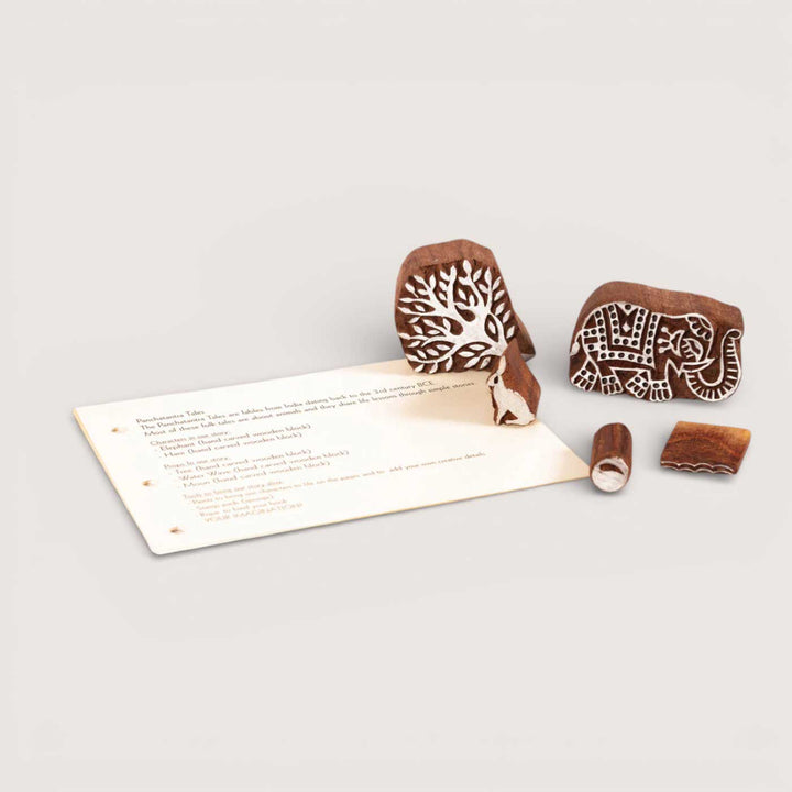 The Elephants and Hare Panchatantra Block Printing DIY Kit | 5 Stamps, Poster Colours, Painting Brush, Printing Pads, Story Cards  And Jute String