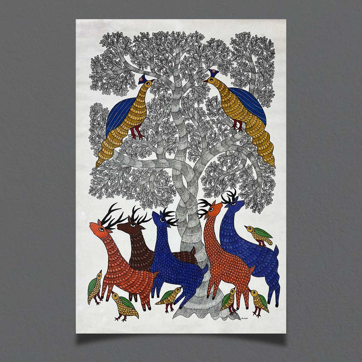 15 x 22 Inch | Peacock, Birds & Deers | Original Hand Painted Tribal Gond Art Painting | Acrylic Paints On Canvas