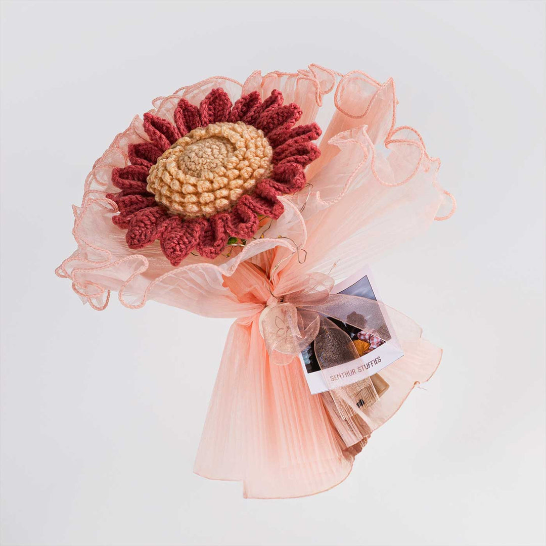 Handmade Crochet Sunflower Bouquet With Lights | Includes Photo & Greeting Card