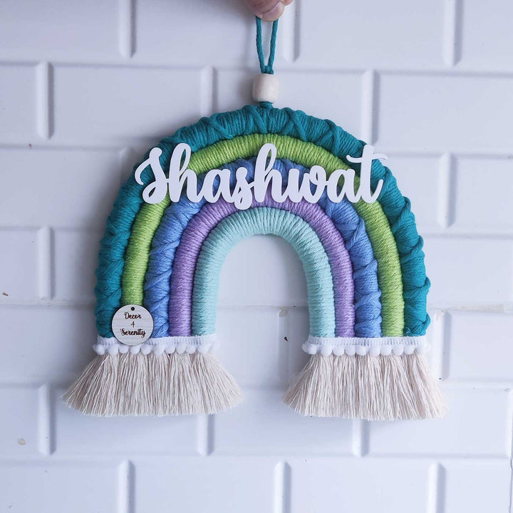 Personalized Handmade Macrame Green & Purple Rainbow Kids Name Plate With 3D Letters