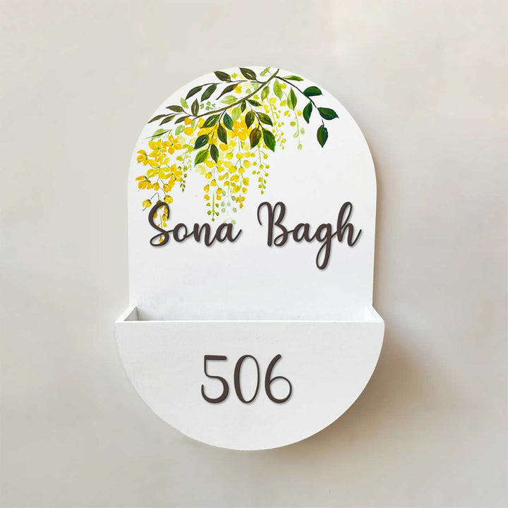 Personalized Handmade Golden Floral Mdf Wood Name Plate - Front View with Text and Decor