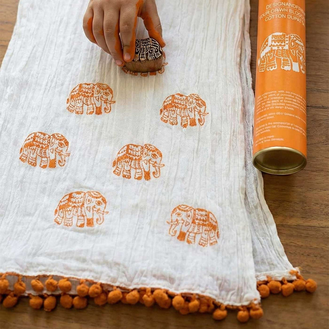 Orange Elephant Dupatta Block Print DIY Kit | Includes 1 White cotton dupatta, 1 Fabric paint, 1 Wooden block And 1 Sponge