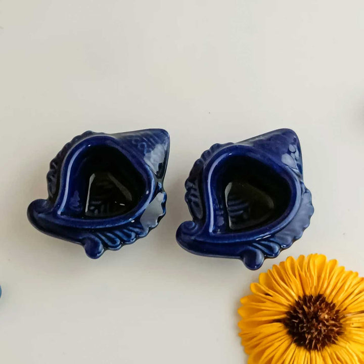 Set of 2 | Handmade Shankh Shape Ceramic Oil Lamp / Diya