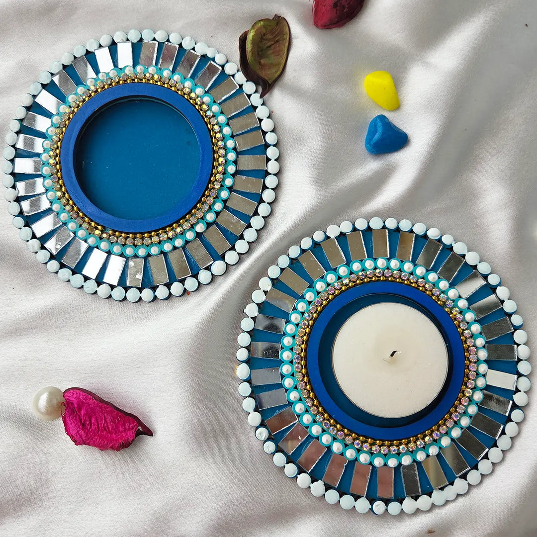 Hand-Painted Mirror Work Round MDF Wood Tealight Holder | Set Of 2