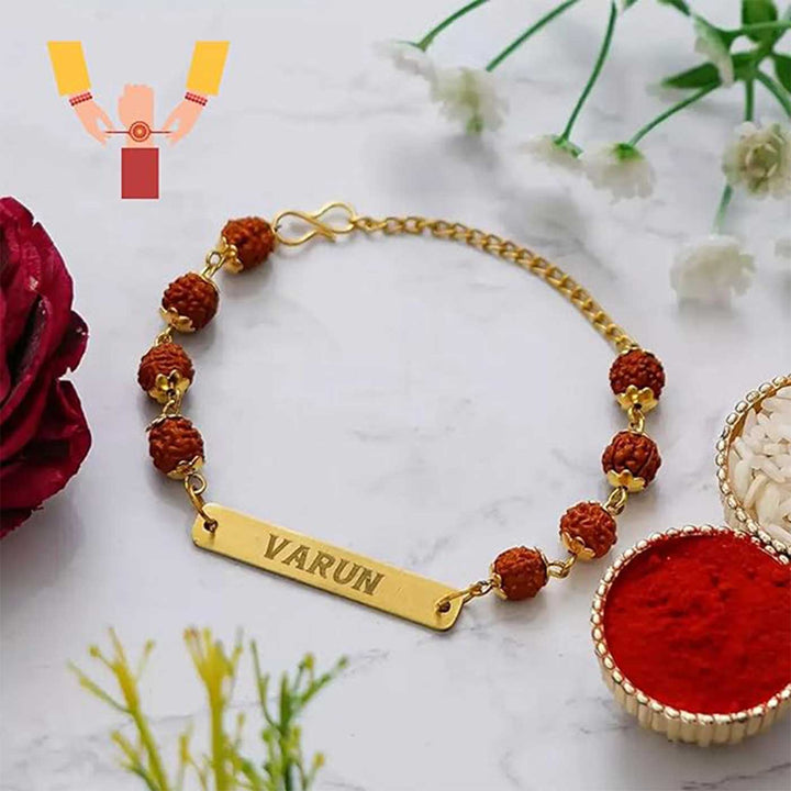 Personalized Handmade Religious Rudraksh Bracelet Rakhi - Styled Wristband with Context Elements