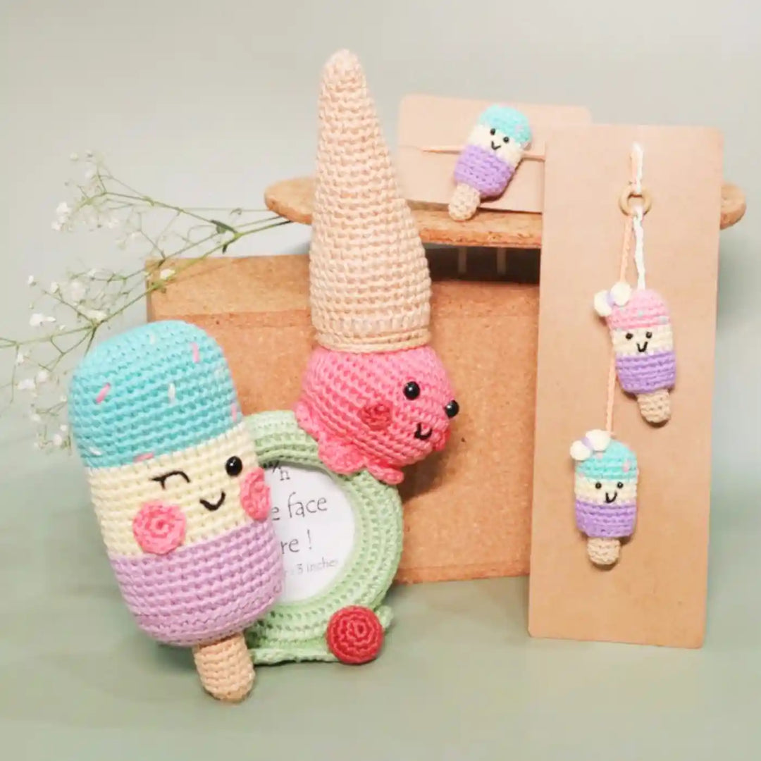 Handmade Crochet Popsicle Love Kids Rakhi With Roli Chawal - Set Display with Multiple Crochet Items