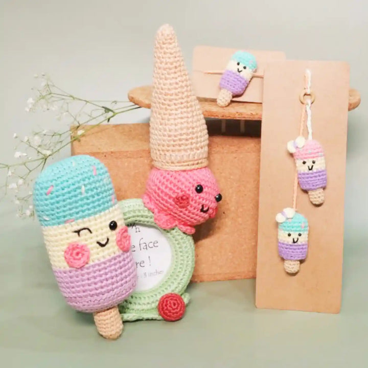 Handmade Crochet Popsicle Love Kids Rakhi With Roli Chawal - Set Display with Multiple Crochet Items