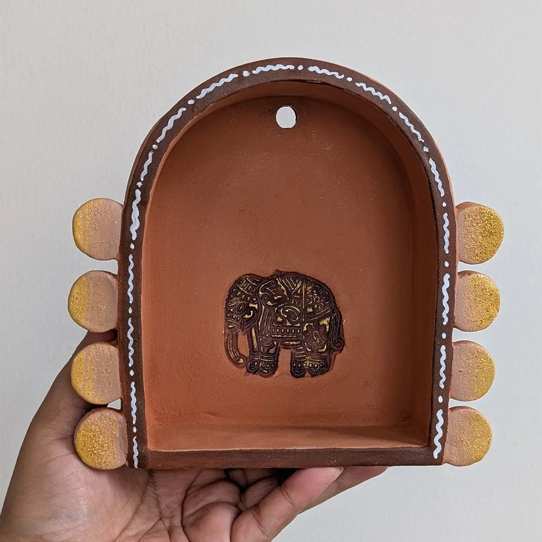 Hand-Painted Rustic Elephant Motif Terracotta Tealight Holder