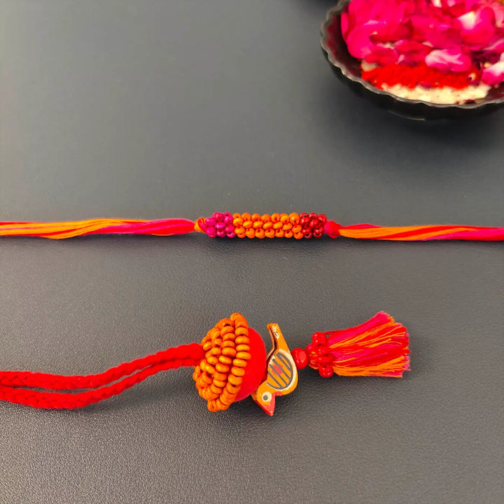 Handmade Beaded Multicolour Bird Bhaiya Bhabhi Rakhi With Roli Chawal | Set Of 2