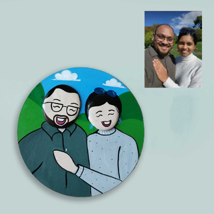 Photo Personalized Pebble Art Couples Magnet With Mountain Background