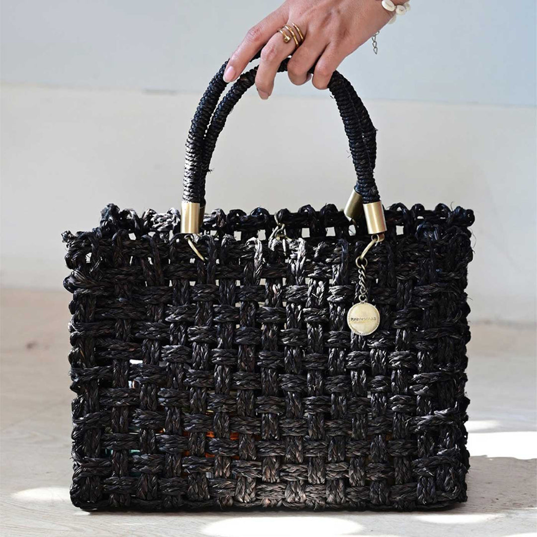 Handmade Grass Woven Vegan Wrapped Rope Handles With Metal Accents Sabai Mesh Handbag