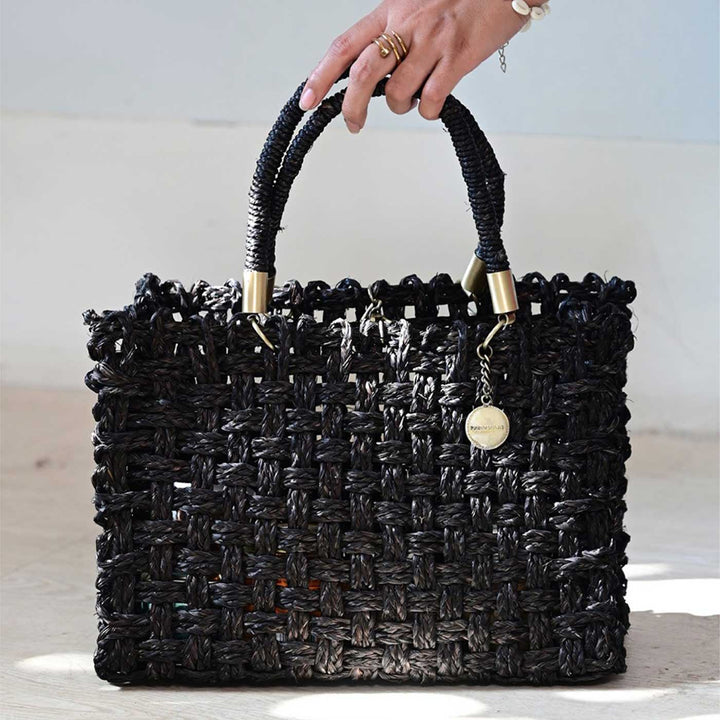 Handmade Grass Woven Vegan Wrapped Rope Handles With Metal Accents Sabai Mesh Handbag