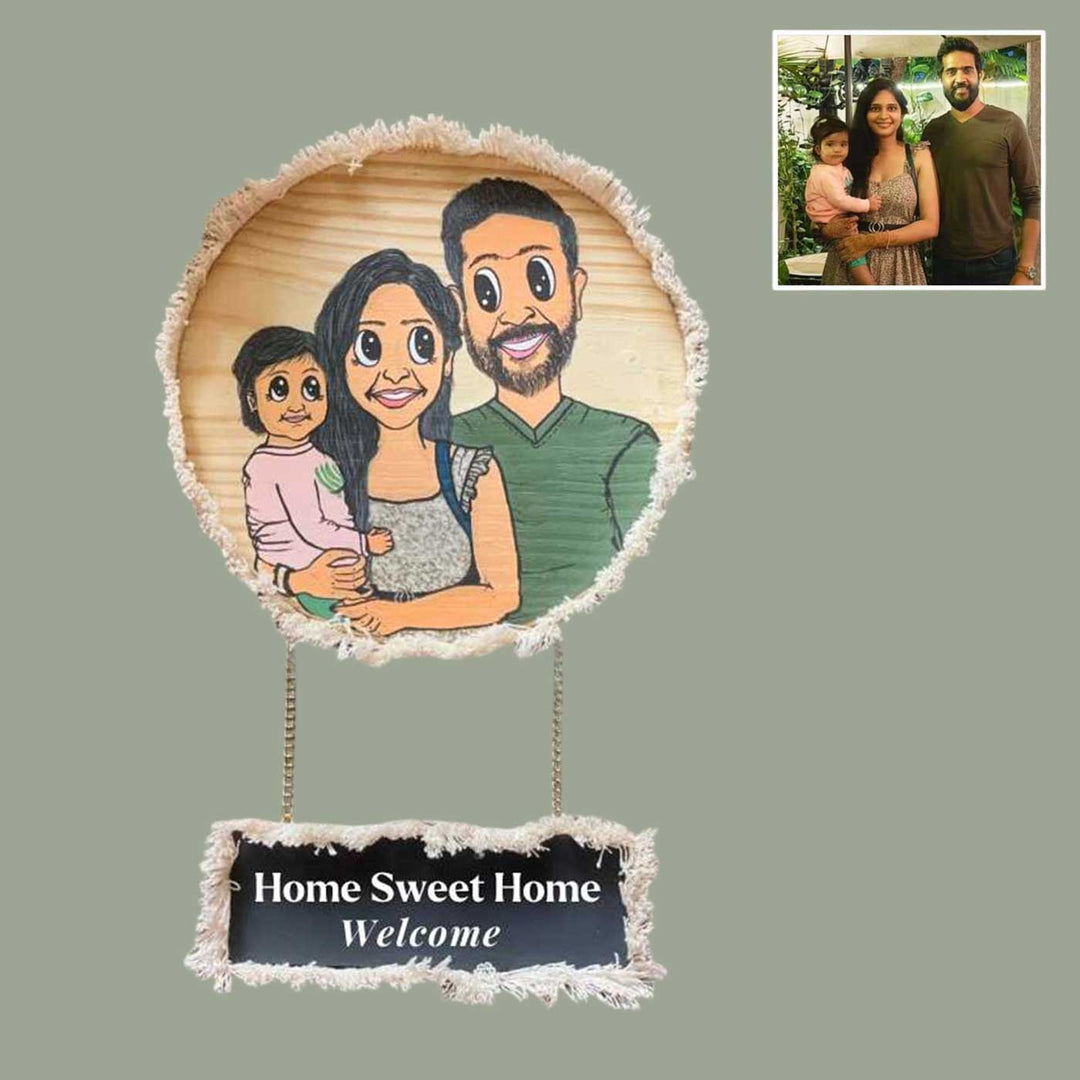 Photo Personalized Caricature Name Plate With Plank - Custom Portrait with Welcome Sign