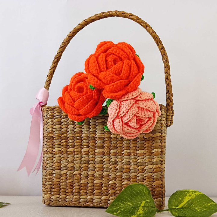 Handmade Crochet Orange Rhapsody Theme Flower Bouquet With Lights
