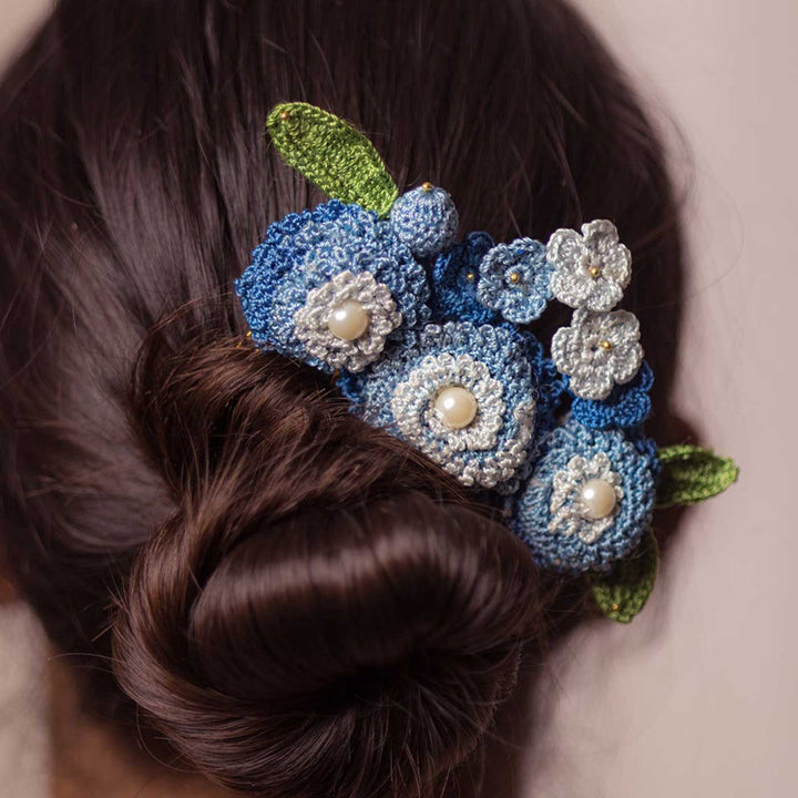 Handmade Crochet Guncha Blue Daisy Bush Hair Comb Pin