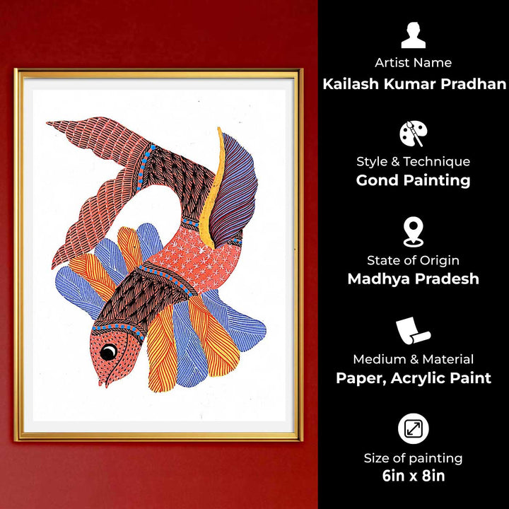 6 x 8 Inch | Colorful Fish | Original Hand painted Tribal Gond Art Painting | Acrylic Paints On Paper