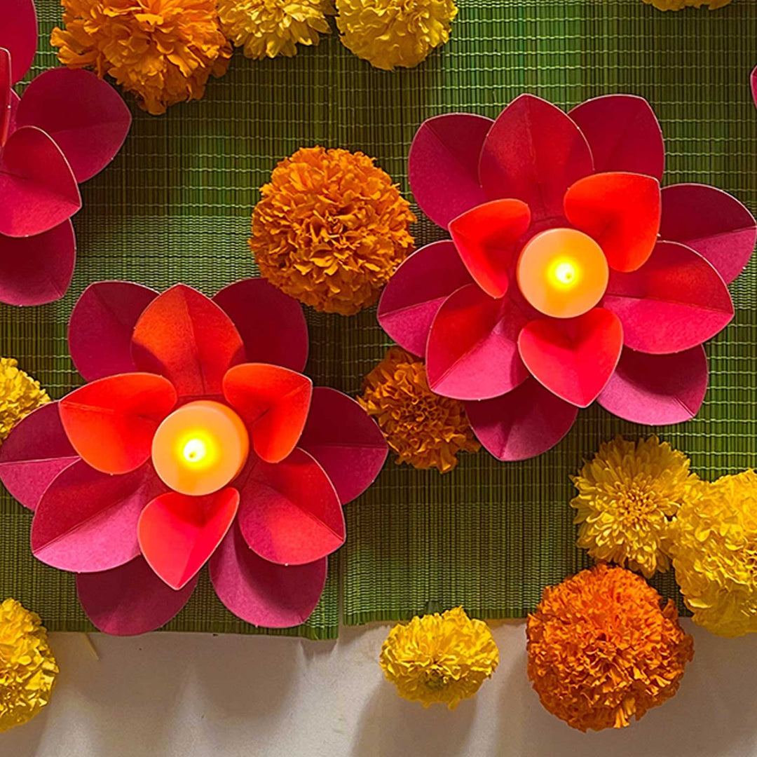 Handmade DIY Lotus Design Paper Tealight Holder With Electic Tealights | Set Of 4