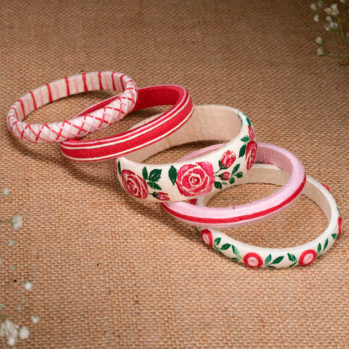 Red & White Handcrafted Rose Bangles | Set of 5