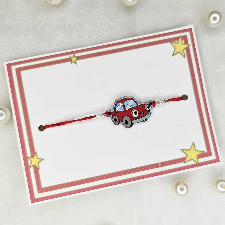Handmade Car Theme Mdf Wood Kids Rakhi With Roli Chawal - Packaged on Display Card