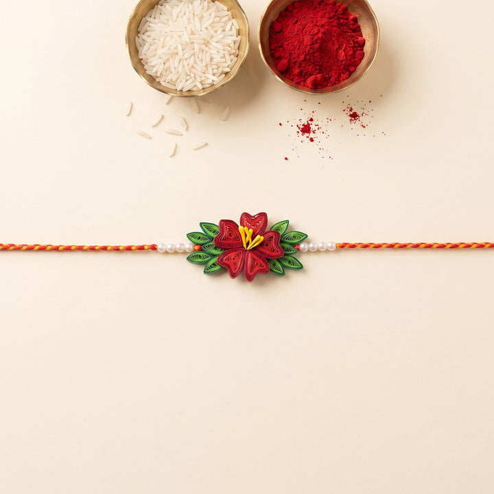 Handmade Paper Quilled Floral Rakhi With Roli Chawal For Brother