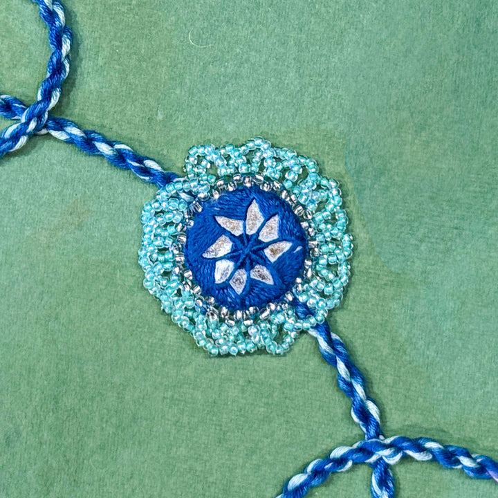 Handmade Reusable Blue Mirror And Jhumki Rakhi For Bhaiya And Bhabhi - Center Ornament Close-up