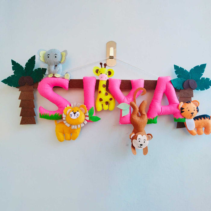 Personalized Pink Jungle Theme Felt Kids Name Plate
