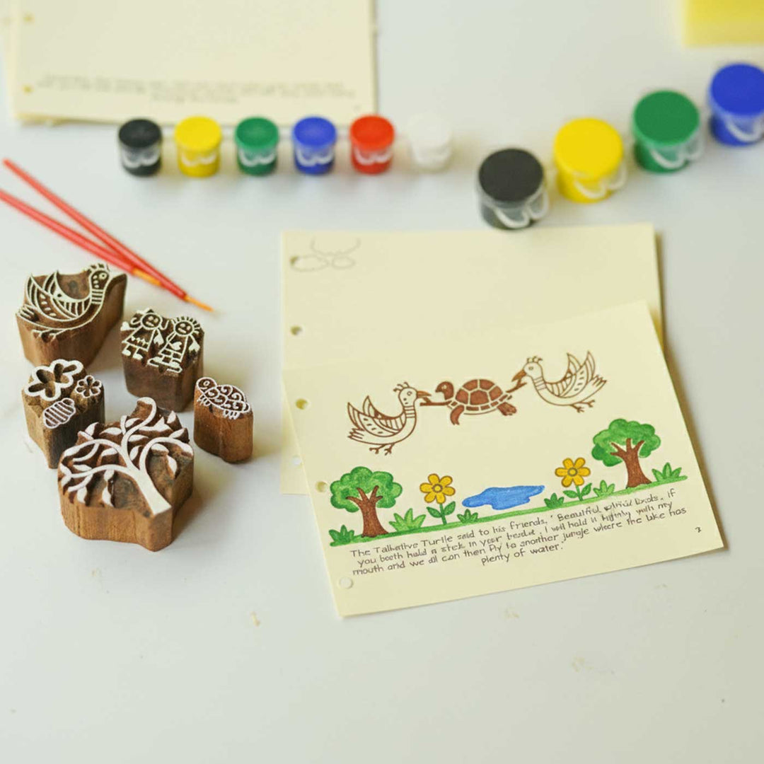 Talkative Turtle Panchatantra Block Printing DIY Kit | 5 Stamps, Poster Colours, Painting Brush, Printing Pads, Story Cards  And Jute String