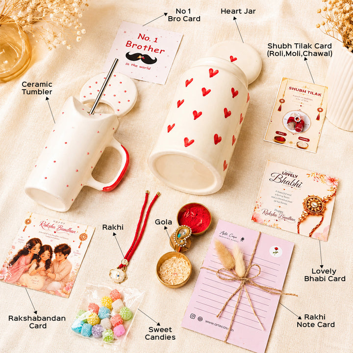 "Heartfelt Sibling Love" Jar Ceramic Rakhi Hamper With Red Sipper & Evil Eye Rakhi For Brother