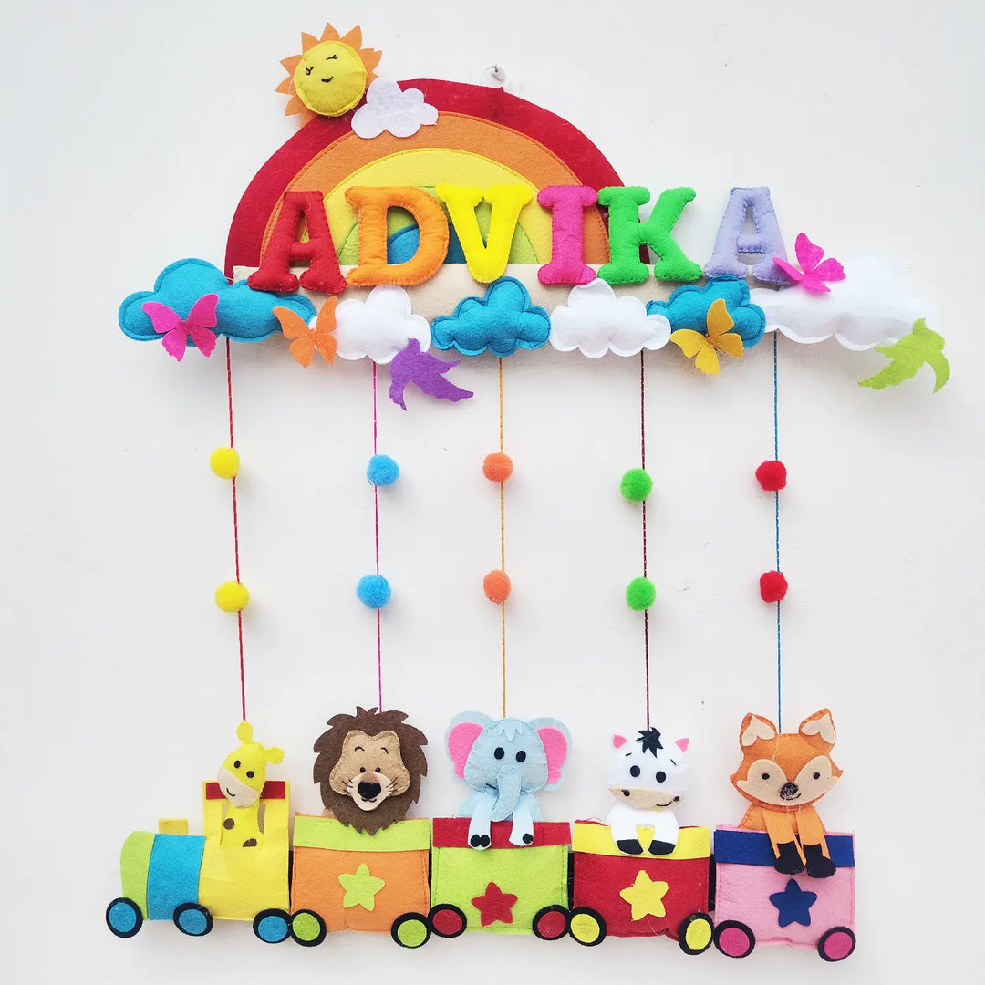 Personalized Rainbow & Animal Train Theme Felt Kids Name Plate