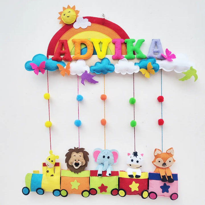 Personalized Rainbow & Animal Train Theme Felt Kids Name Plate