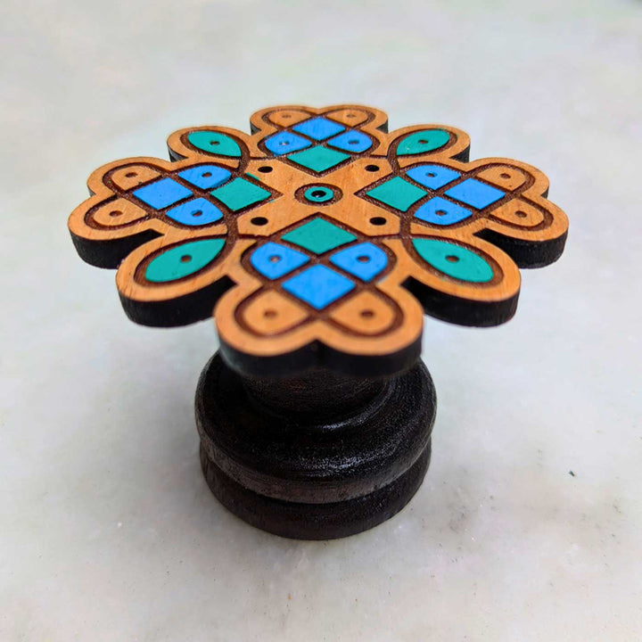 2 pc | Hand-Painted Engraved Teal & Blue Mahogany Wood Kolam Kolam Agarbatti Holder For Pooja Room