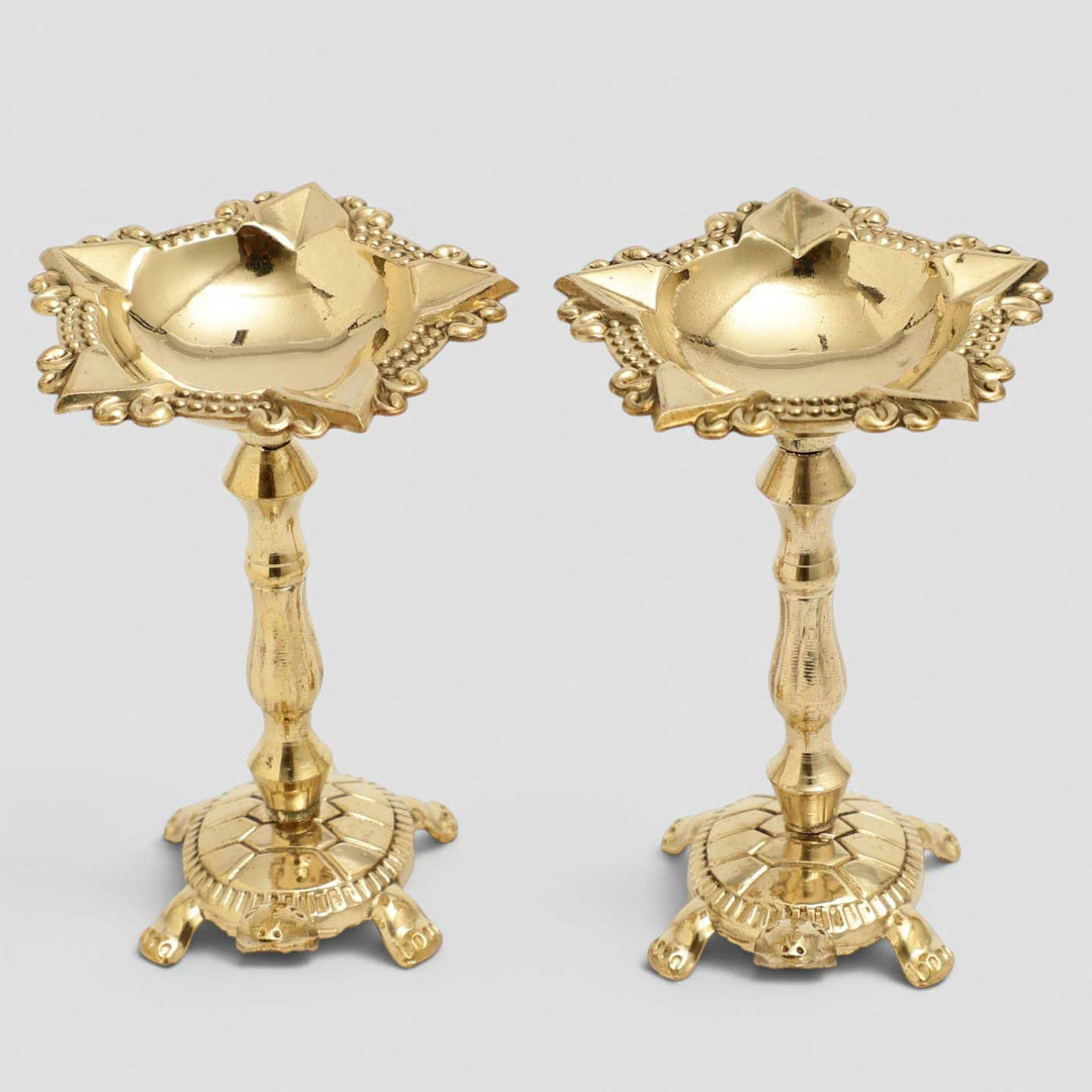 2 pc | Turtle Base Brass Kurma Oil Lamp With Tall Stand For Festive Decor