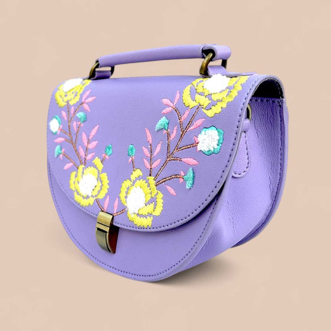 Handmade Embroidered Flower Design Purple Rexine Sling Bag