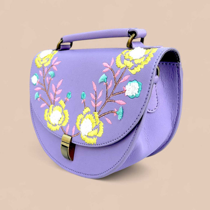 Handmade Embroidered Flower Design Purple Rexine Sling Bag
