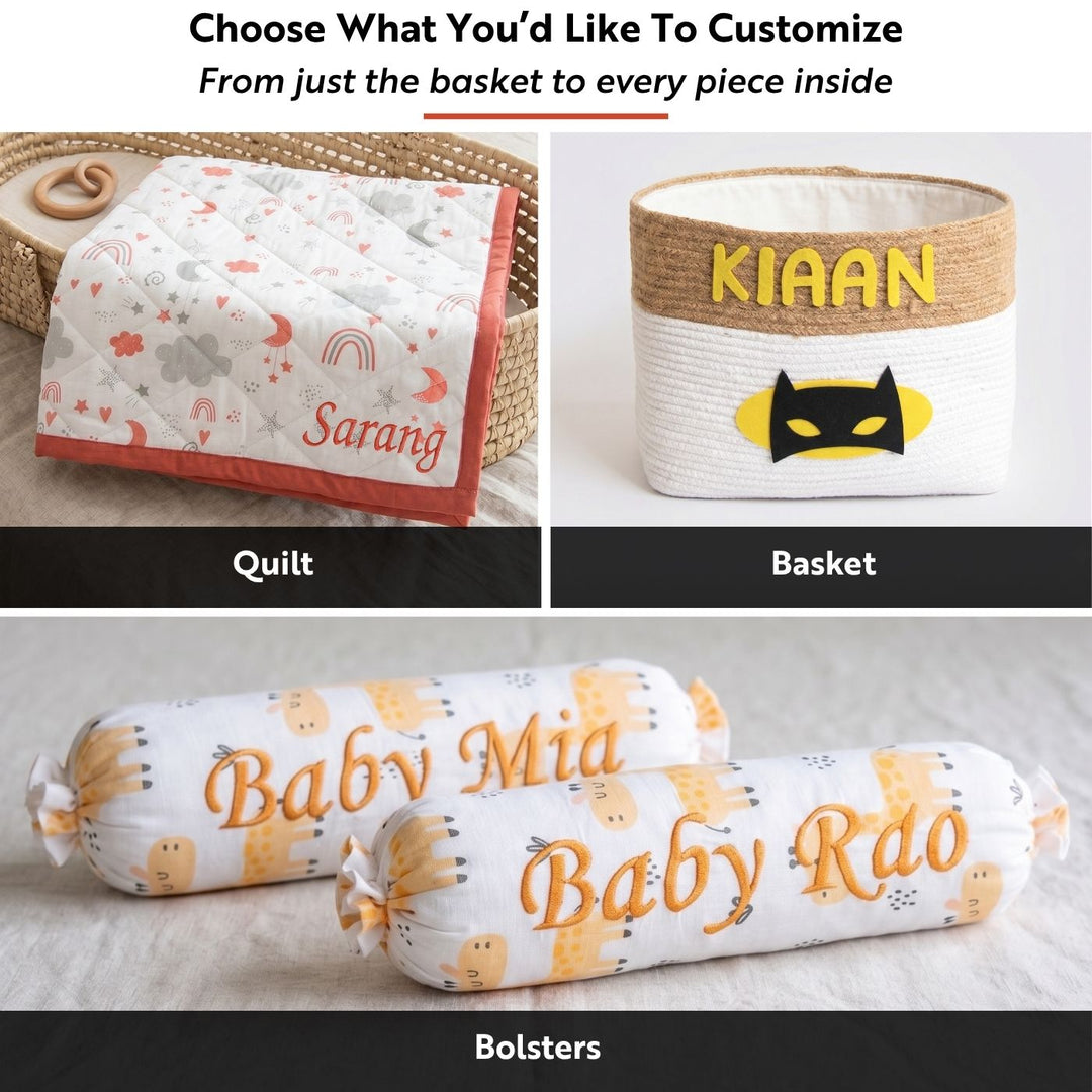 6 Pc | Personalized Space Theme Infant Bedding Gift Basket Set | 0-4 Years