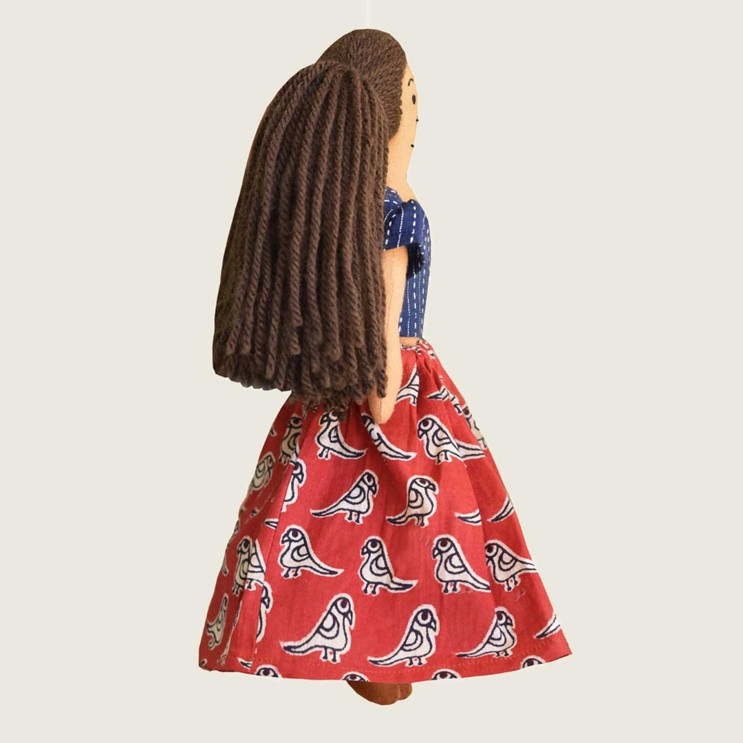 Nilah's (Younger Sister) Mira In Blue & Red Dress | Soft Hand-Stitched Sustainable Indian Play Doll