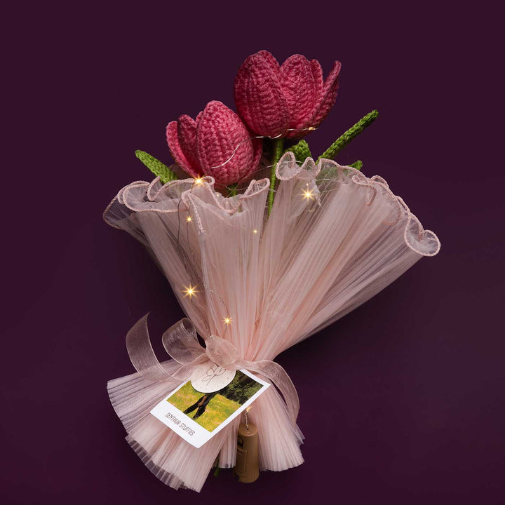 Handmade Crochet Pretty In Pink Flower Bouquet With Lights | Includes Photo & Greeting Card