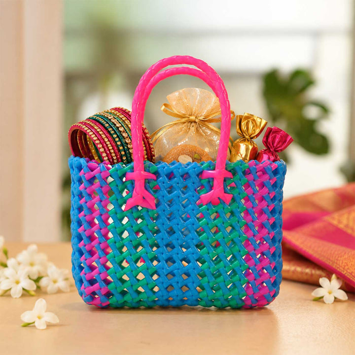 Handwoven Blue & Pink Small Plastic Wire Koodai Bag For Festive Return Gifts