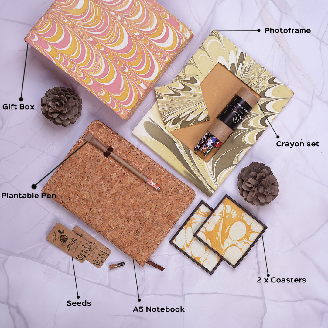 Eco-Friendly Handmade Hamper | 1 A5 Cork Hardcover Notebook, 1 Plantable Pen, 2 Seeds, 1 Crayon Set, 1 Photoframe, 1 Card, 2 Coasters & 1 Gift Box
