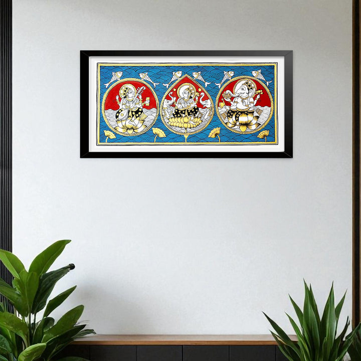 6.5 X 14 Inch | Saraswati Lakshmi Ganesh Paper Phad Painting