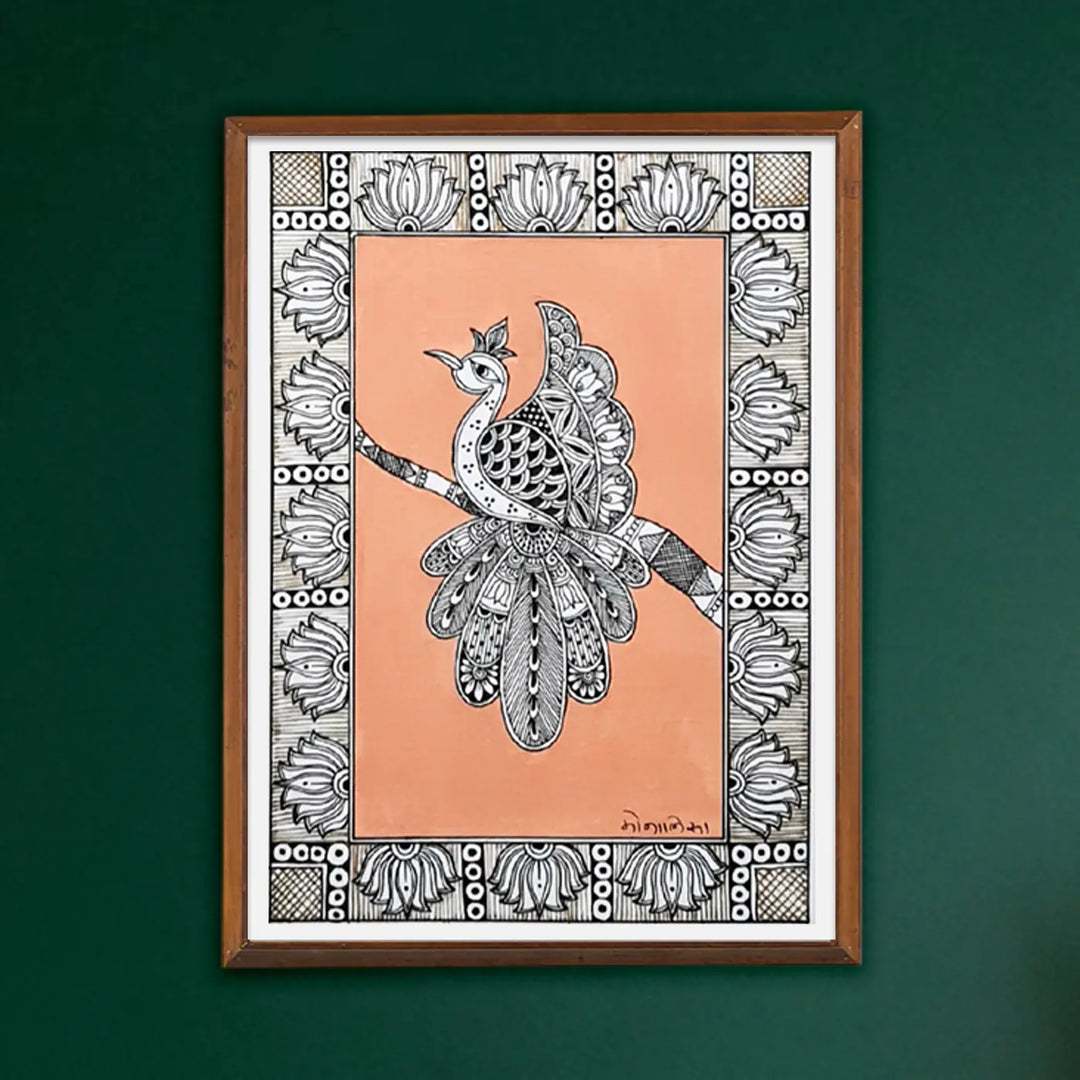 8 x 5 Inch | Peacock In Four Frames | Original Hand Painted Madhubani Painting On Paper